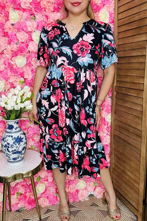 Buy Pink & blue floral printed black women's dress w/short sleeves XCH16199  IS6